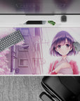 Pastel lavender sky anime desk pad 40x20 inches, soft spring vibes, pink sakura, calm cozy mood.