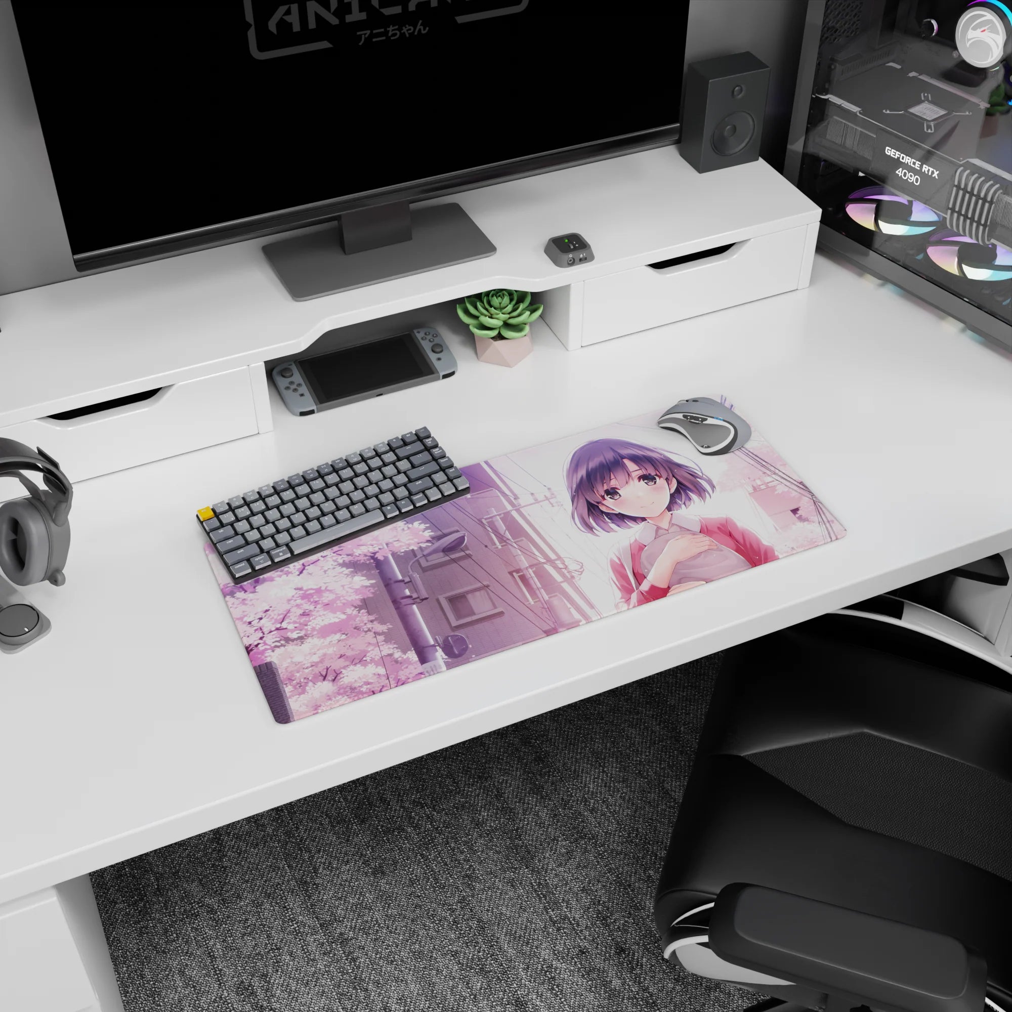 Shy anime girl with glossy dark bob and rosy cheeks under cherry blossoms mouse pad 28x12 inches.
