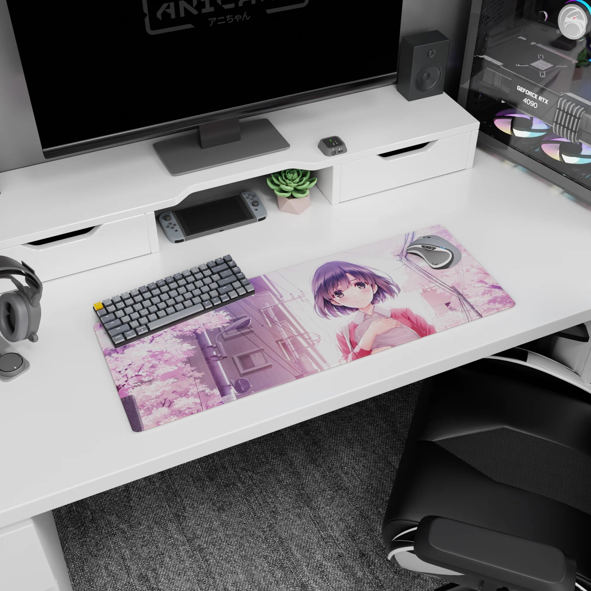 32x12 inches anime girl mouse pad featuring a dark-bobbed girl with rosy cheeks walking under pink sakura.