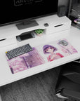32x12 inches anime girl mouse pad featuring a dark-bobbed girl with rosy cheeks walking under pink sakura.