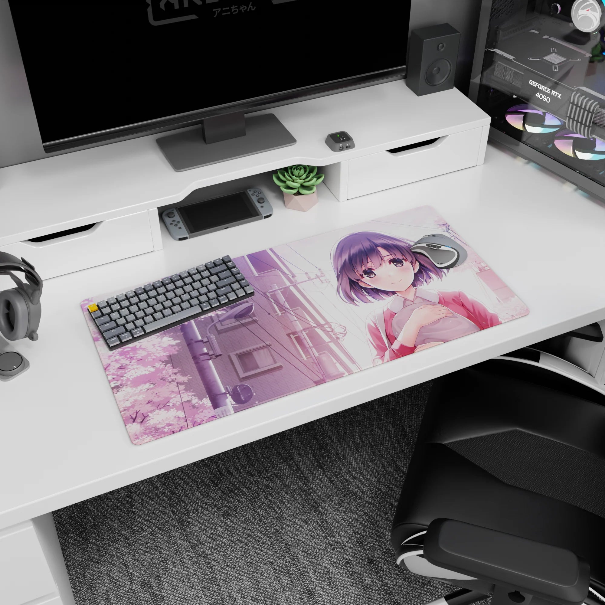 Shy anime girl with glossy dark bob and rosy cheeks under cherry blossoms mouse pad 32x16 inches.