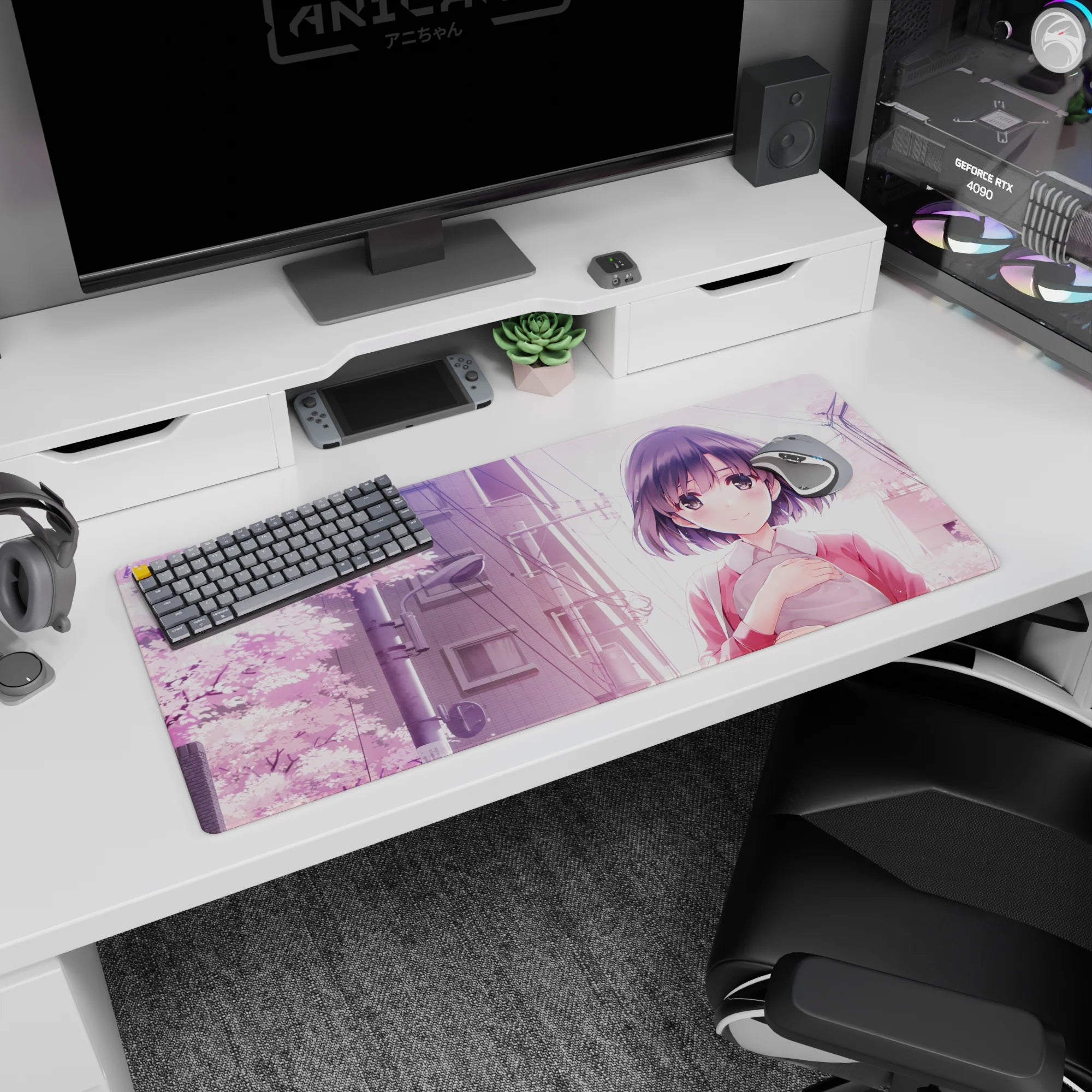 Shy anime girl with dark bob and rosy cheeks under drifting cherry blossoms desk pad 36x16 inches.
