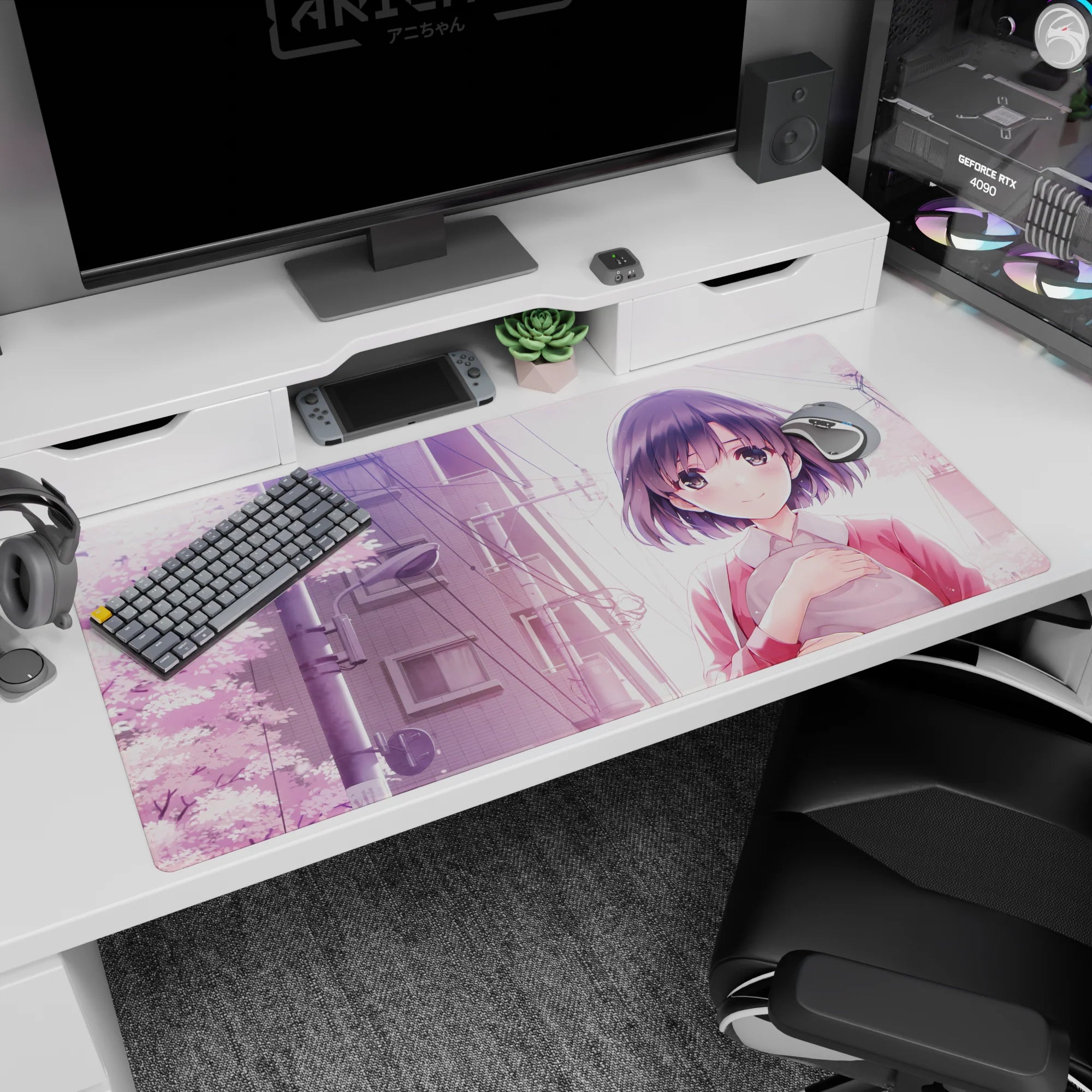 Shy anime girl with glossy dark bob and rosy cheeks desk pad 40x20 inches, walking under sakura.