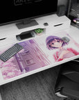 Shy anime girl with glossy dark bob and rosy cheeks desk pad 40x20 inches, walking under sakura.