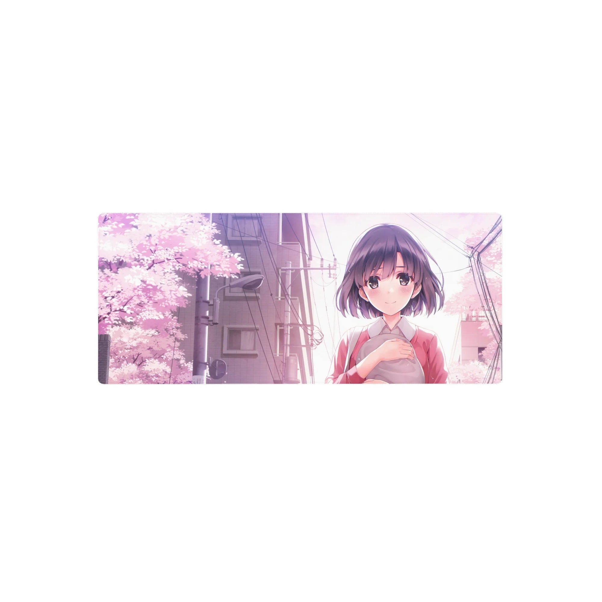 Anime girl mouse pad 28x12 inches with sakura petals, lavender sky, and soft cityscape backdrop.