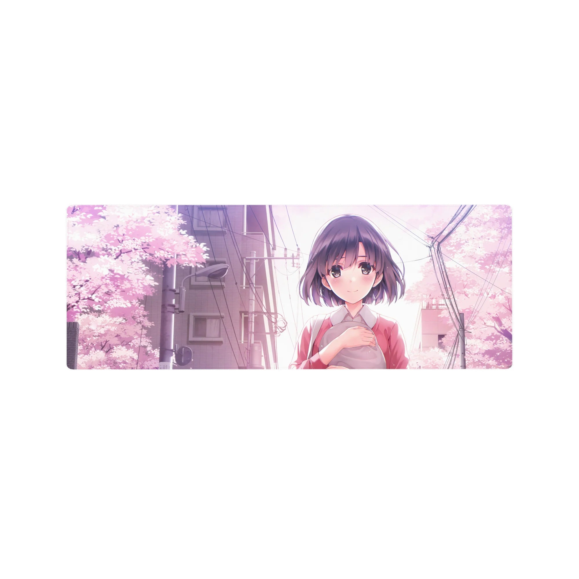 32x12 inches anime girl mouse pad with sakura petals, city skyline, and shy schoolgirl illustration.