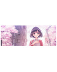 32x12 inches anime girl mouse pad with sakura petals, city skyline, and shy schoolgirl illustration.