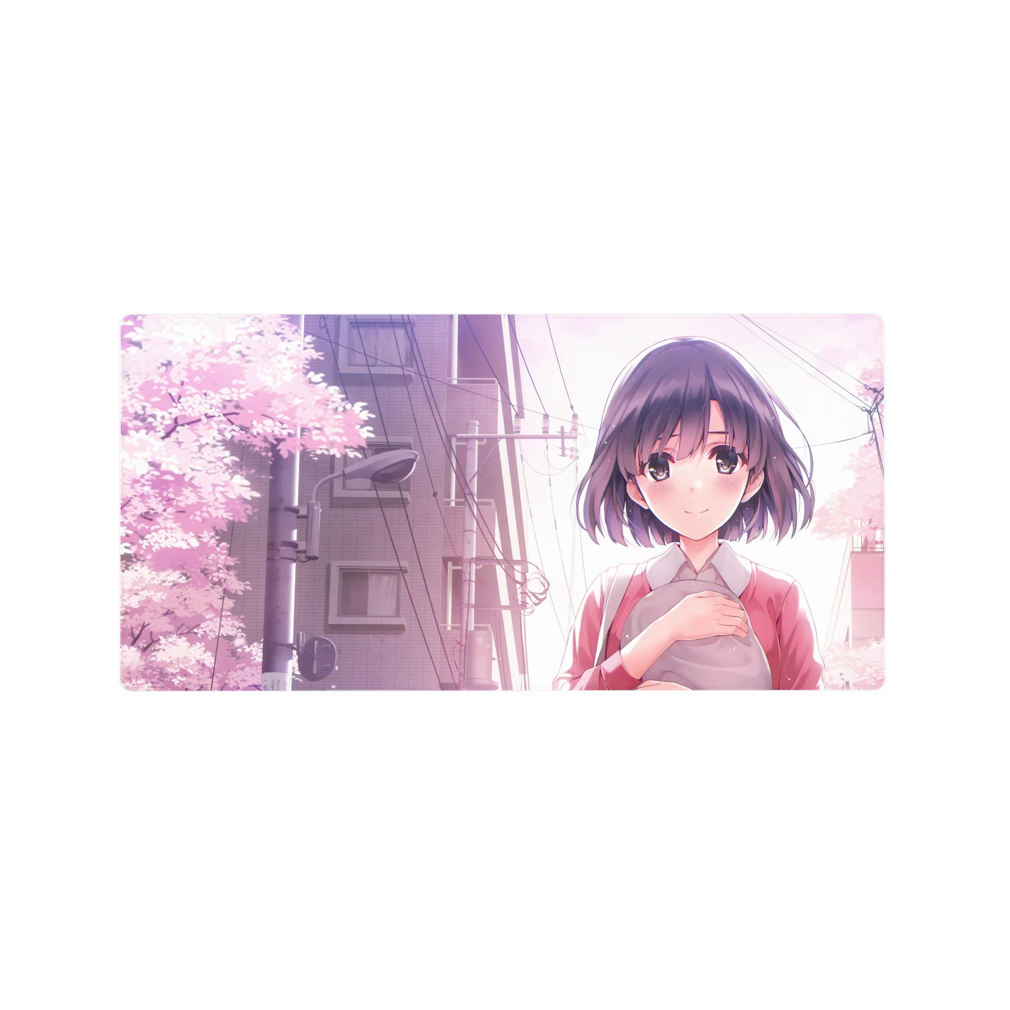 Anime girl mouse pad 32x16 inches with sakura petals, city skyline, and cute slice-of-life artwork.