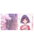 Anime girl mouse pad 32x16 inches with sakura petals, city skyline, and cute slice-of-life artwork.