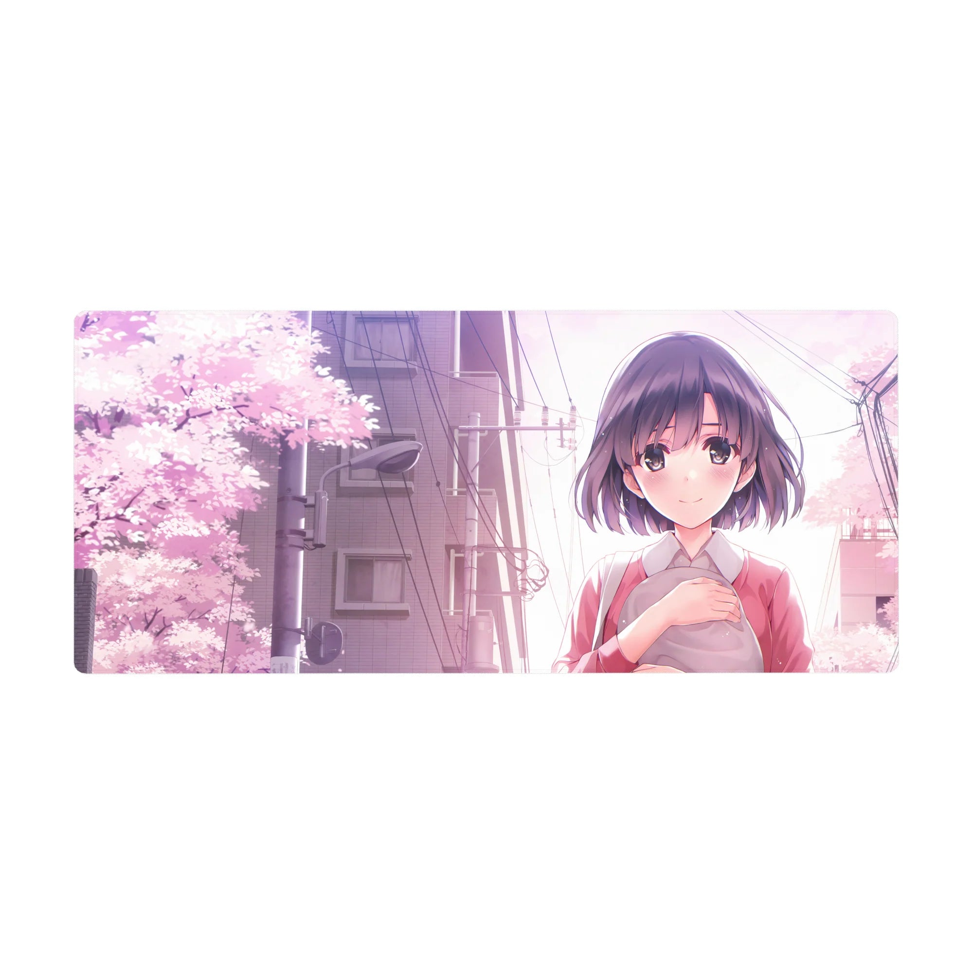 Anime girl desk pad 36x16 inches with sakura petals, city skyline, and cute slice-of-life artwork.