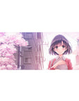Anime girl desk pad 36x16 inches with sakura petals, city skyline, and cute slice-of-life artwork.