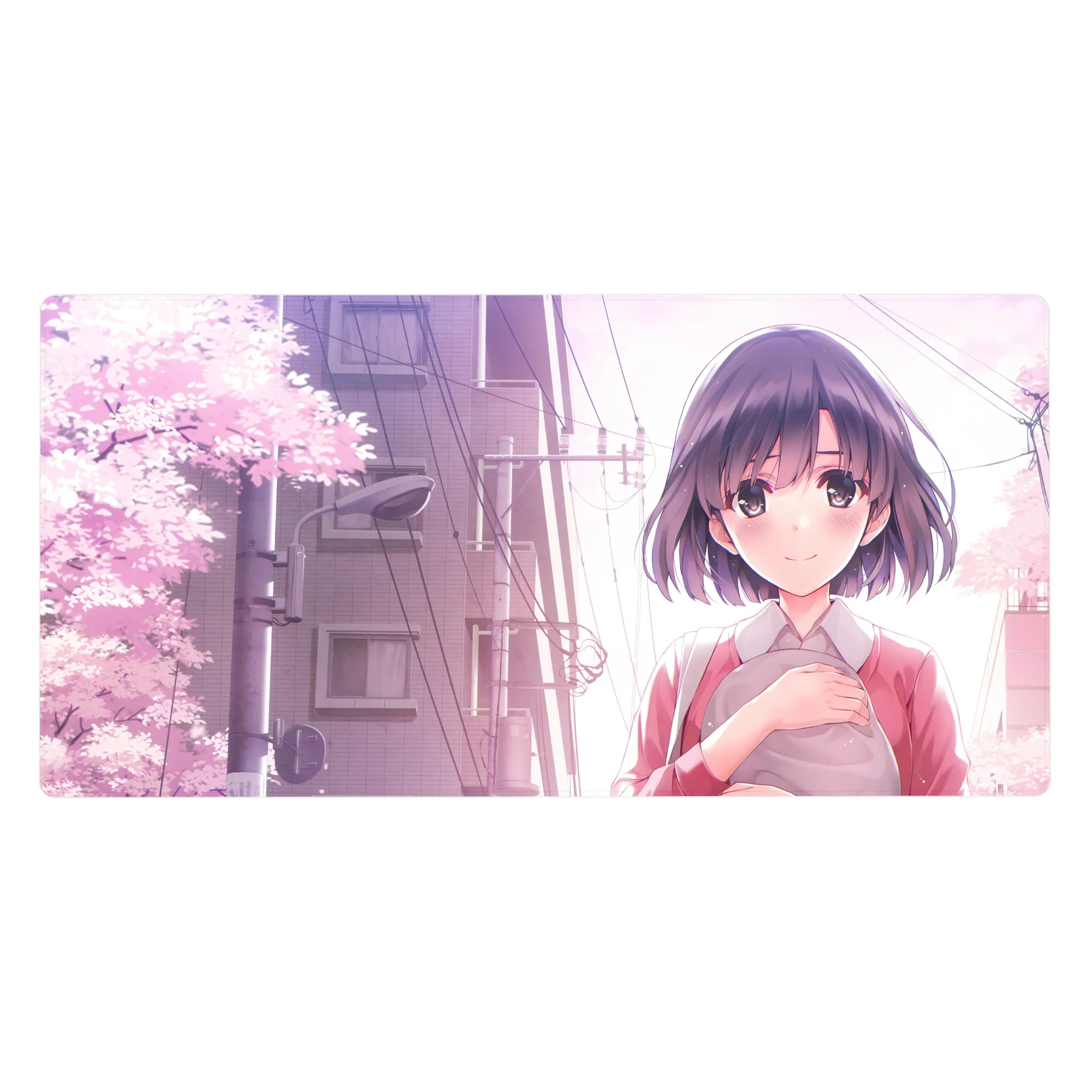 Anime girl desk pad 40x20 inches with sakura petals, city backdrop, and cute slice-of-life artwork.