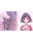 Anime girl desk pad 40x20 inches with sakura petals, city backdrop, and cute slice-of-life artwork.