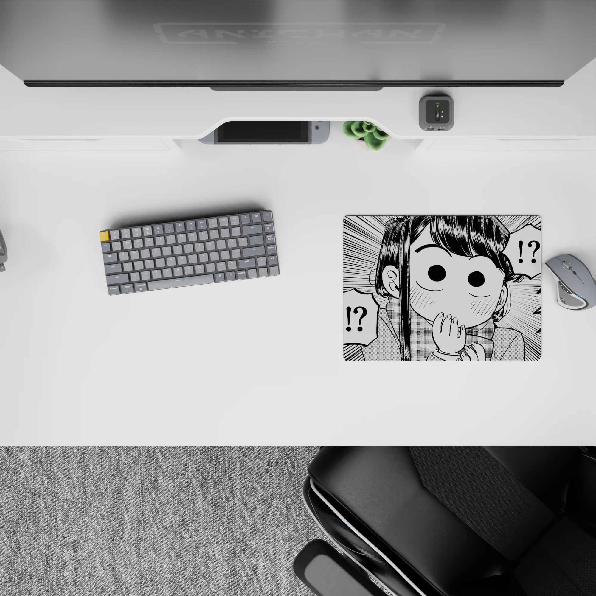 Black-and-white 14x10 inches anime girl mouse pad with cute blushing expression and playful manga chaos.