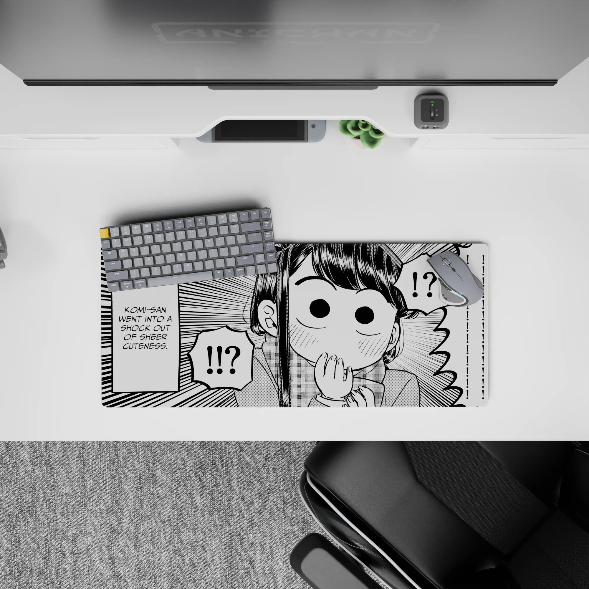 28x12 inches black-and-white manga style anime girl mouse pad with blushing cute, playful chaos vibe.
