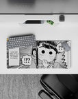 28x12 inches black-and-white manga style anime girl mouse pad with blushing cute, playful chaos vibe.