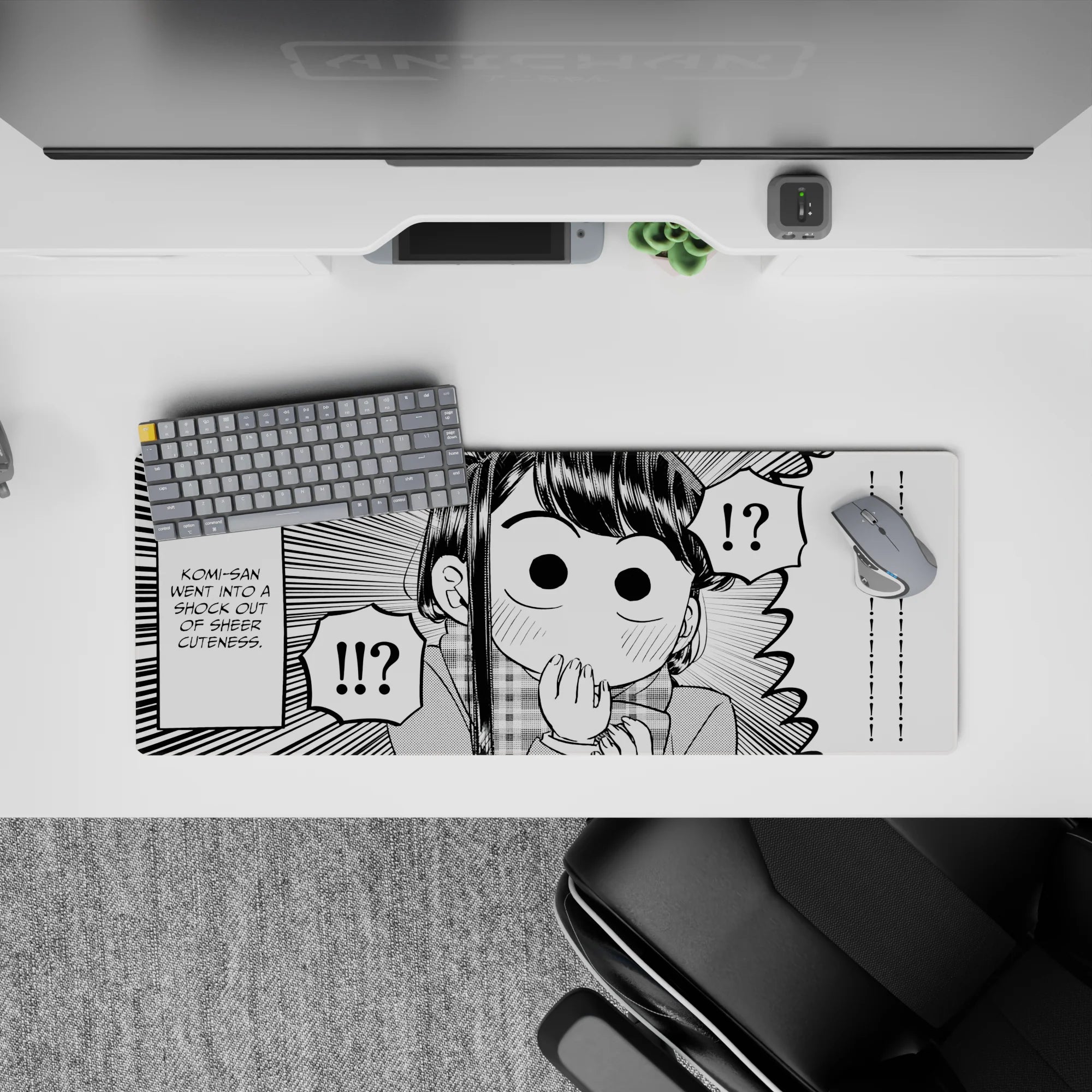 32x12 inches monochrome anime desk mat with cute blushing expression and playful comic chaos vibe.