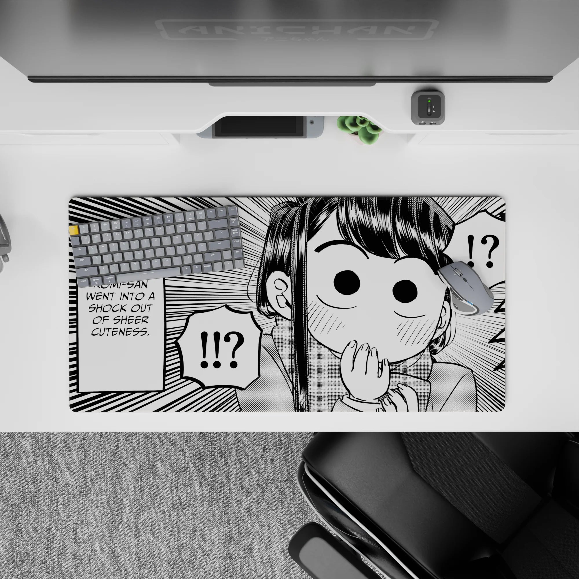 32x16 inches black-and-white manga style mouse pad, playful chaotic vibe with bold lines and wide eyes.