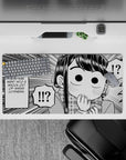 32x16 inches black-and-white manga style mouse pad, playful chaotic vibe with bold lines and wide eyes.