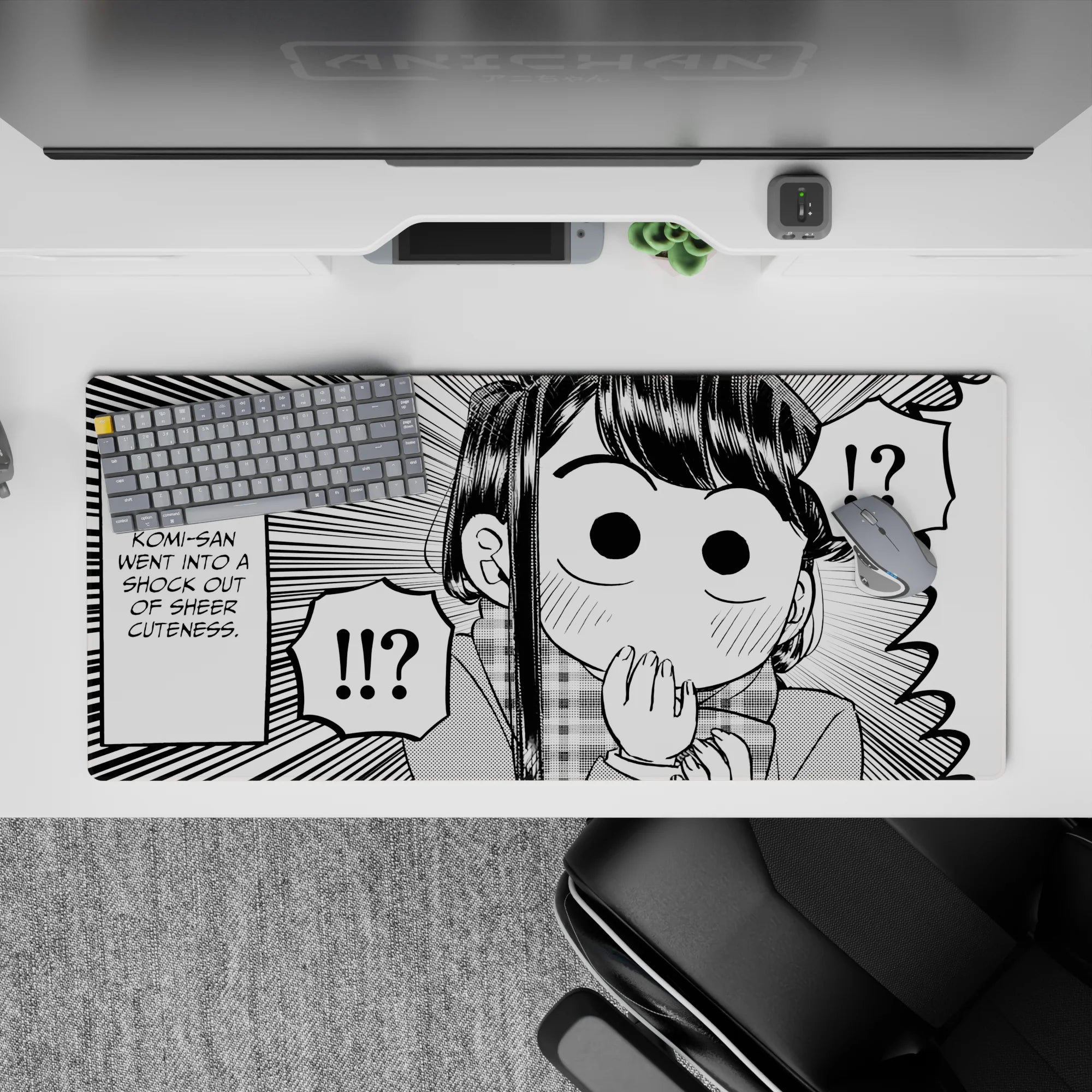 36x16 inches black-and-white manga desk pad, cute blushing vibe with playful chaos and crisp ink lines.