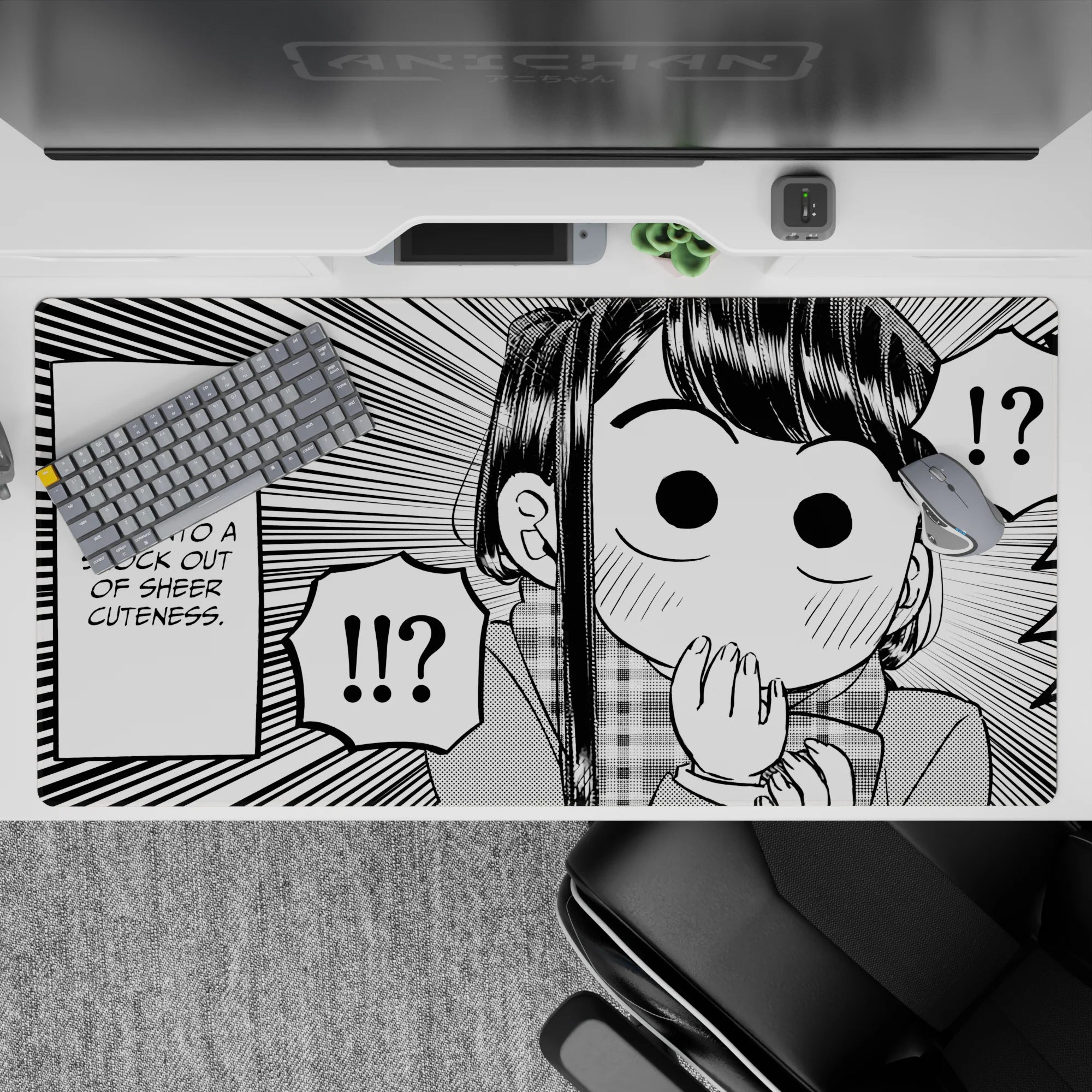 40x20 inches black-and-white manga desk pad, cute blushing anime vibe with playful chaotic accents.