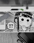 40x20 inches black-and-white manga desk pad, cute blushing anime vibe with playful chaotic accents.