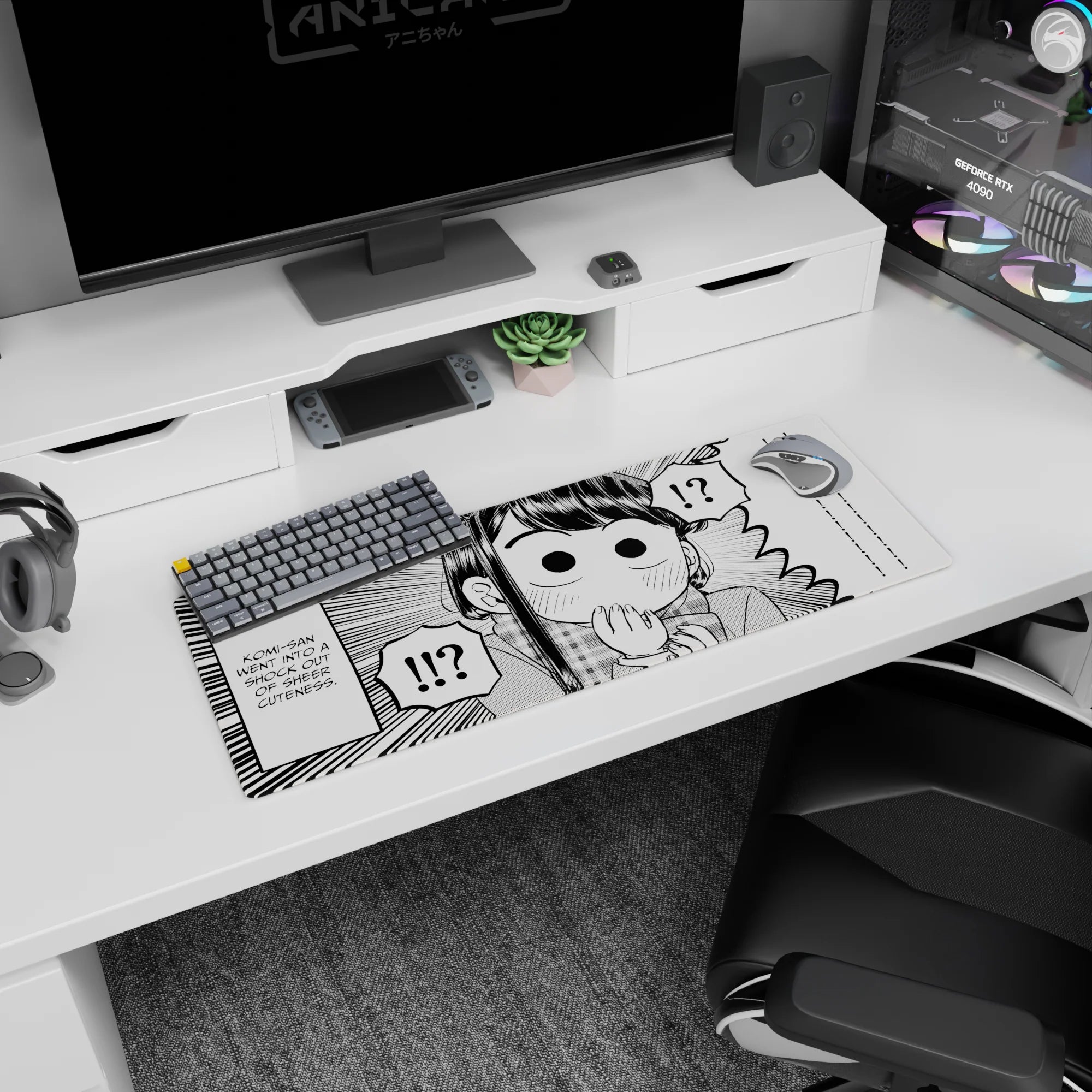 32x12 inches Komi Can’t Communicate mouse pad featuring Shouko Komi wide-eyed, hand-to-mouth gasp.
