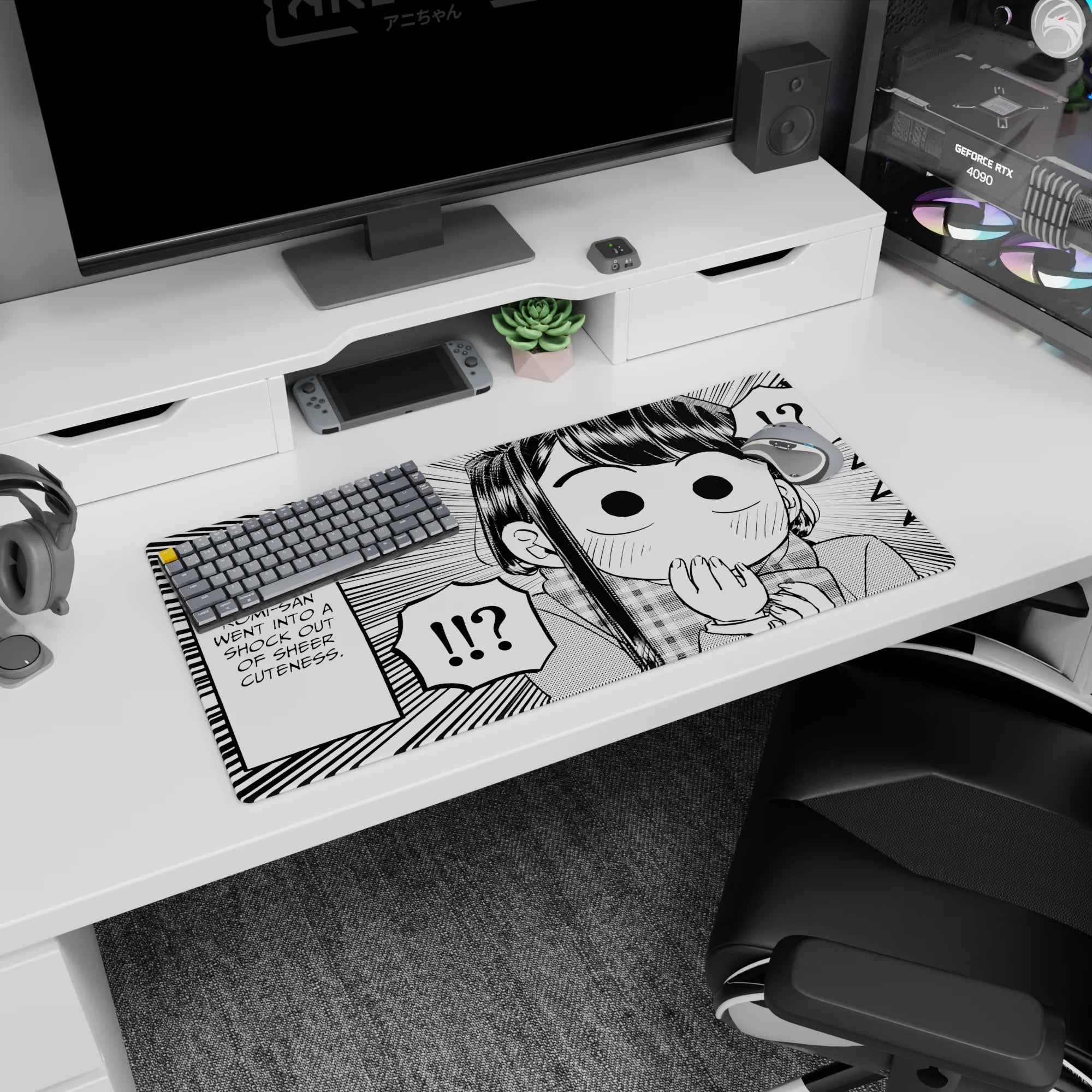 32x16 inches Komi Can’t Communicate mouse pad featuring Shouko Komi blushing, hand-to-mouth gasp scene.