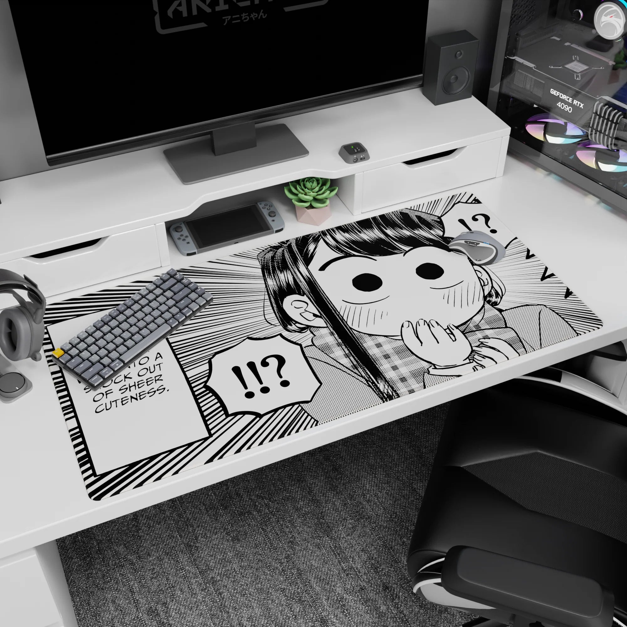 40x20 inches Shouko Komi desk pad, wide eyes and hand-to-mouth gasp in crisp monochrome line art.