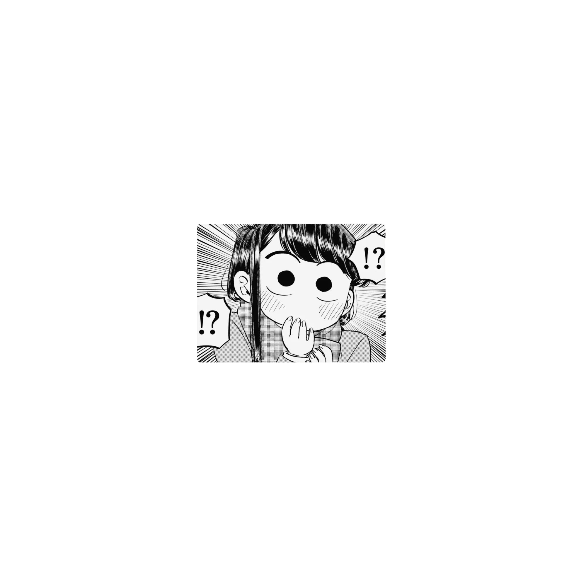 Classic anime girl mouse pad 14x10 inches with manga line art, speed lines, and bold !!? speech bubbles.