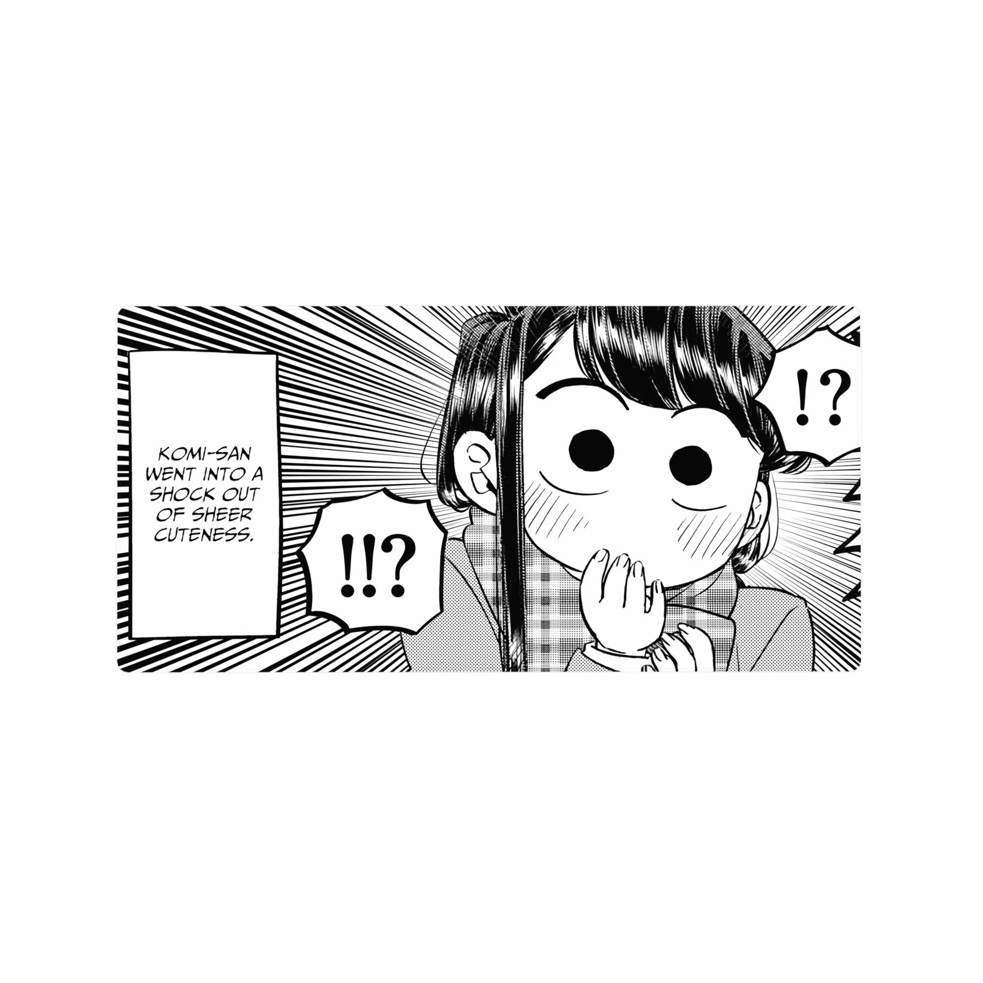 32x16 inches anime girl mouse pad with manga panel art, speed lines, blush, and !!? speech bubbles.