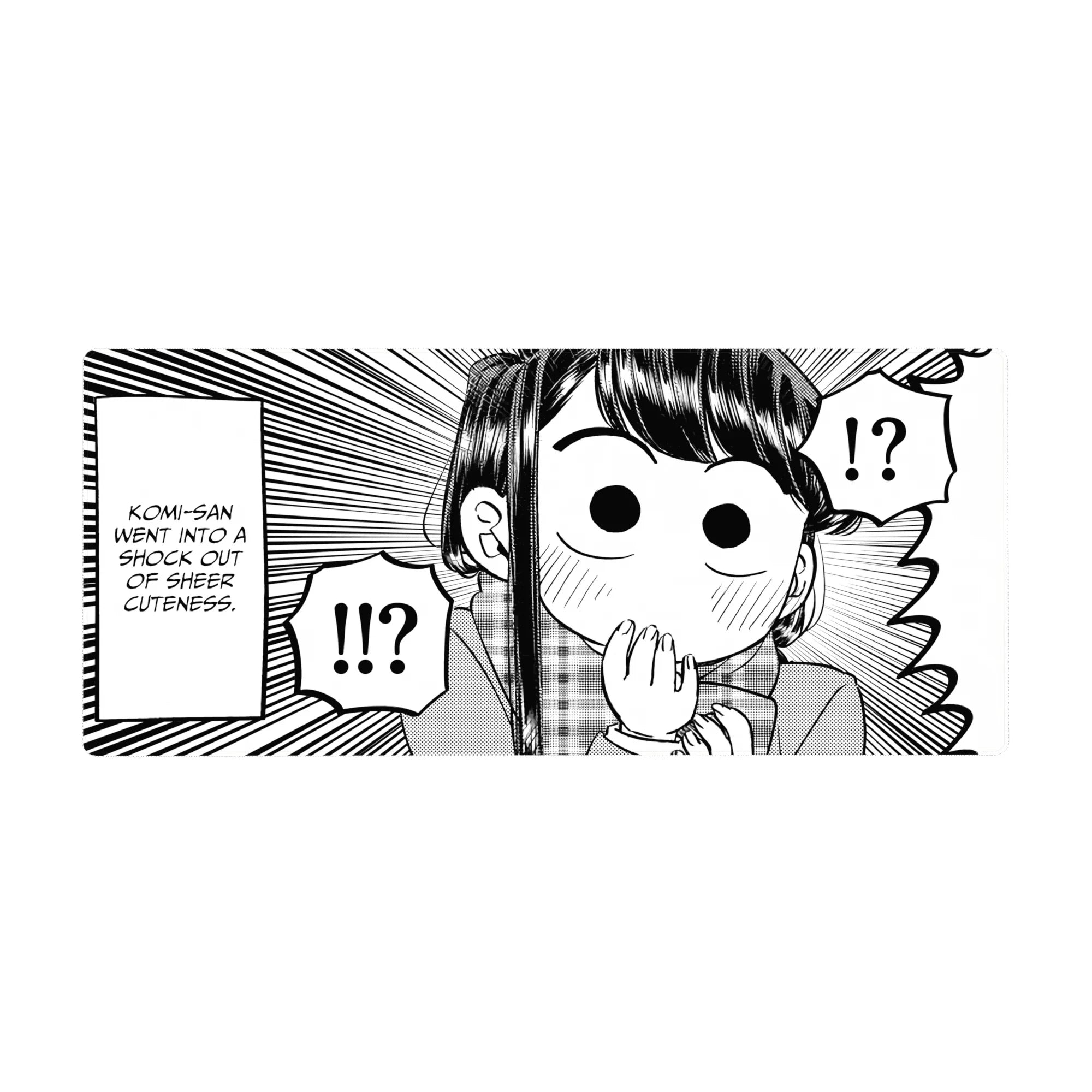 36x16 inches anime girl desk pad with Komi-style manga panel art, speed lines, and !!? speech bubbles.