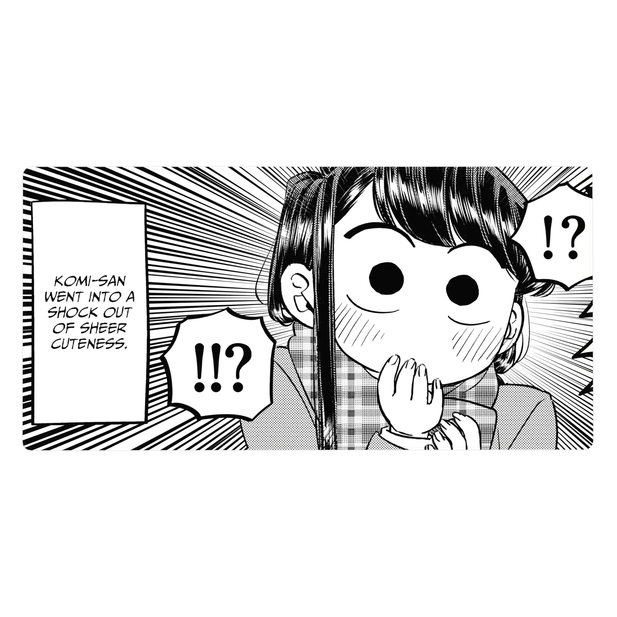 40x20 inches anime girl desk pad with Komi manga panel style, speed lines, and !!? speech bubbles.