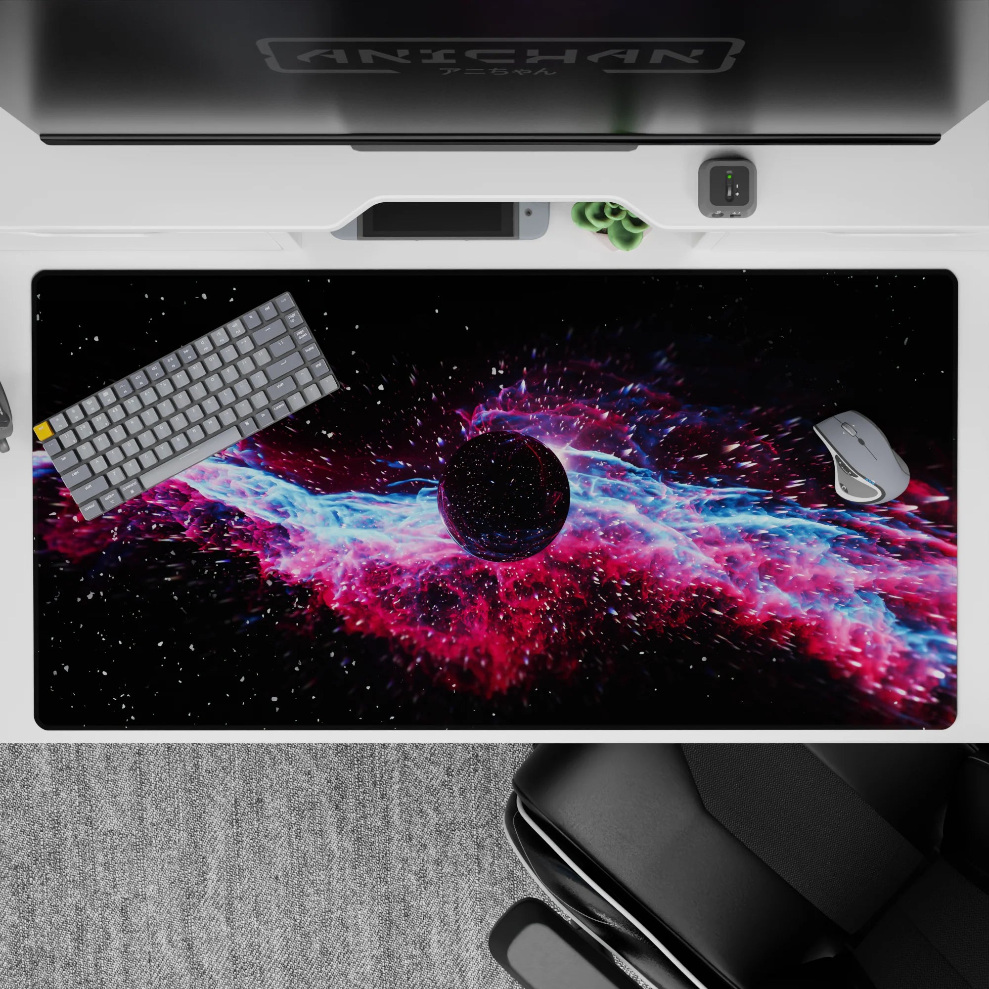 Vibrant 40x20 inches desk pad in electric pink and icy blue, dreamy calming space vibe with stars.