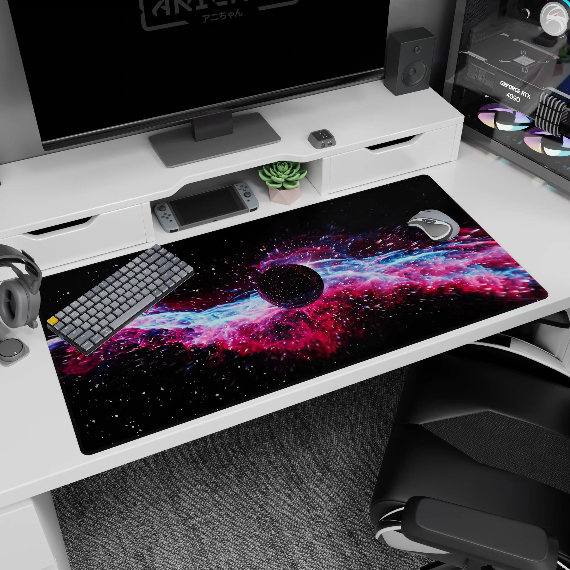 Inky planet floating in a starry midnight sky on a 40x20 inches desk pad with pink-blue lightning clouds.