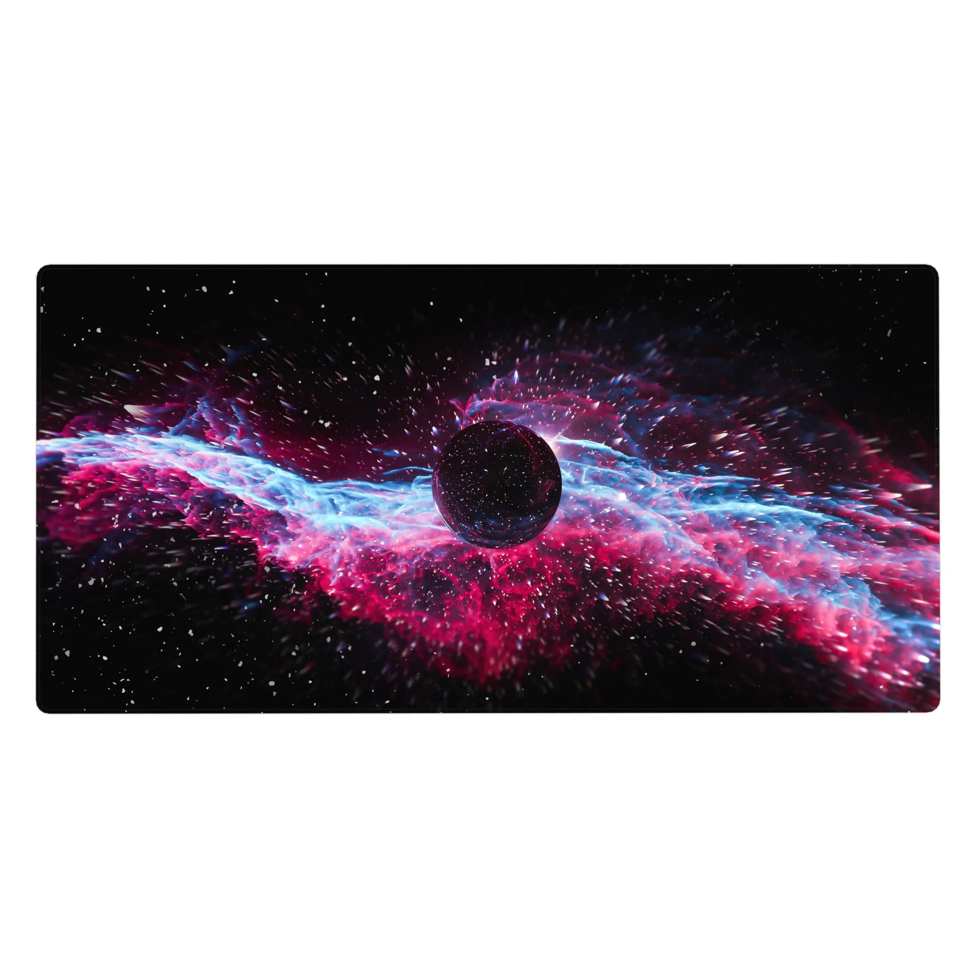 Midnight cosmic desk pad 40x20 inches with inky planet center, star speckles, and neon clouds.