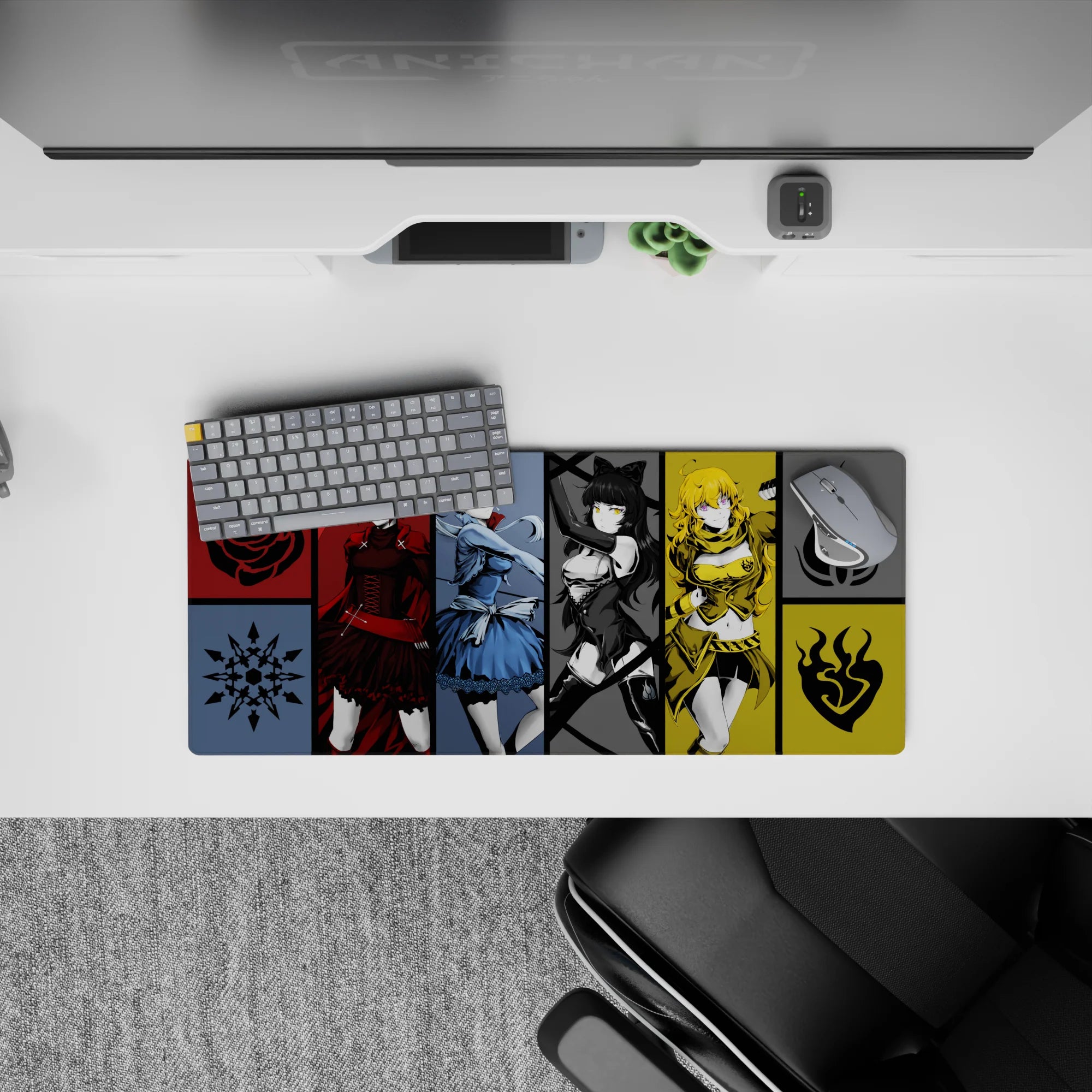 Vibrant crimson, icy blue, sleek black, and sunny gold anime desk mat, playful mood, 28x12 inches.