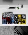 Vibrant crimson, icy blue, sleek black, and sunny gold anime desk mat, playful mood, 28x12 inches.