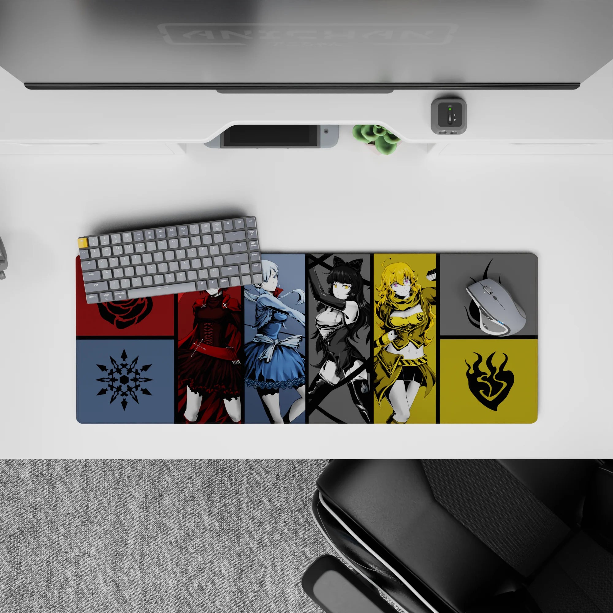 Crimson, icy blue, black monochrome, and gold armor anime girl mouse pad, playful vibe, 32x12 inches.
