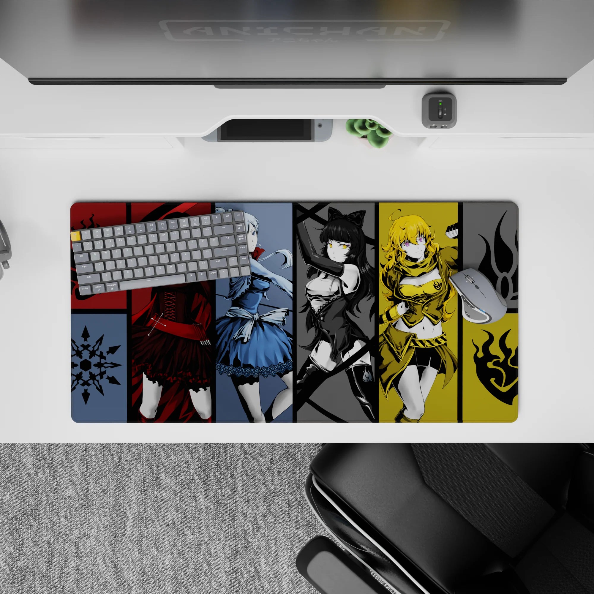 32x16 inches anime girl mouse pad in crimson, icy blue, monochrome black, and sunshine gold; bold, playful vibe.