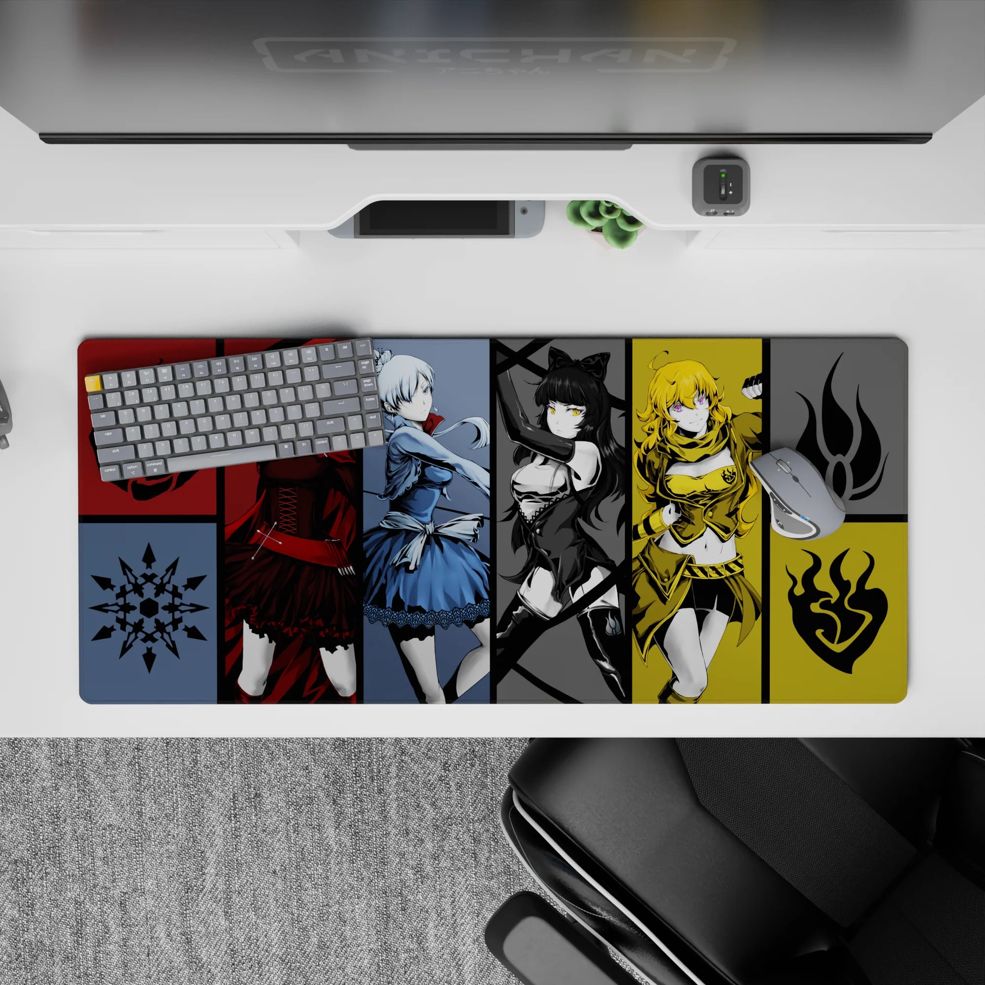 36x16 inches anime desk pad in crimson, icy blue, monochrome black, and sunshine gold for playful chaos.