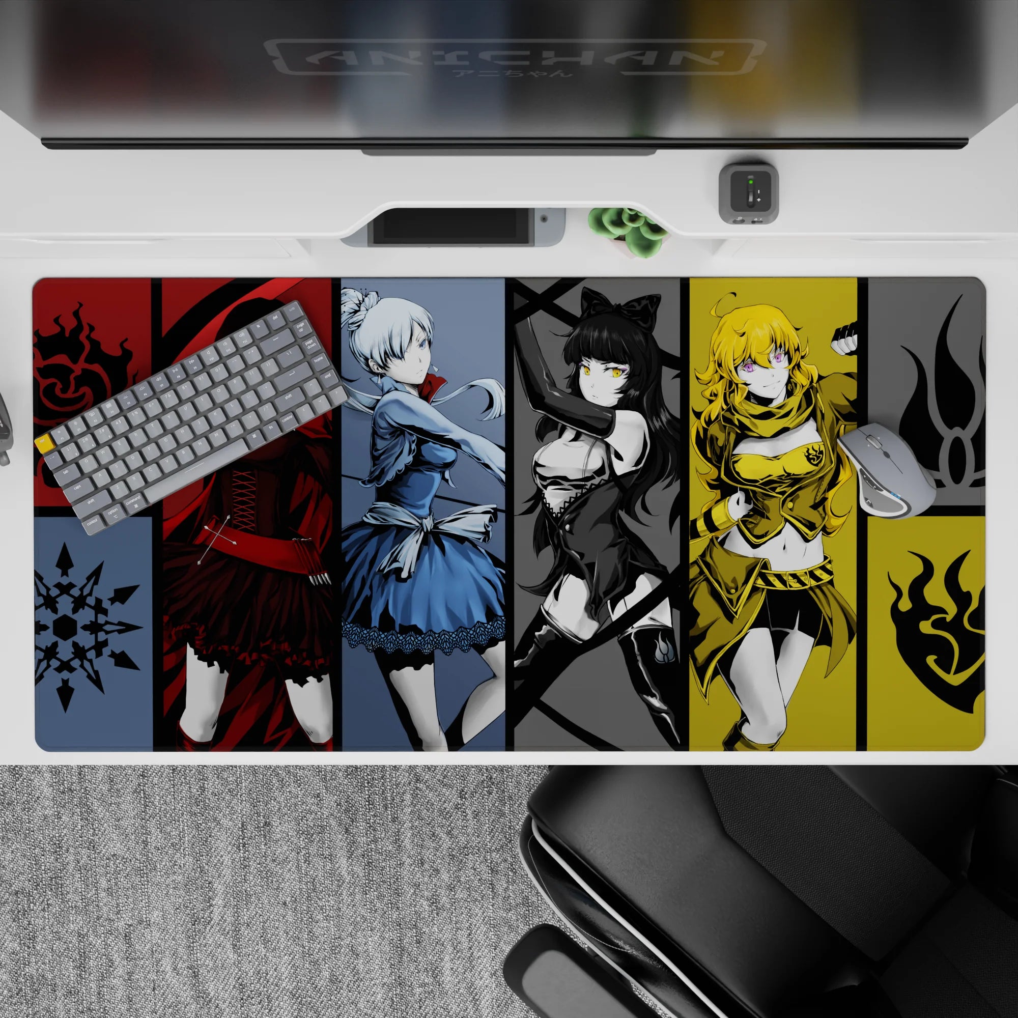 Vibrant anime desk pad 40x20 inches in crimson, icy blue, monochrome black, and golden armor.