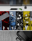 Vibrant anime desk pad 40x20 inches in crimson, icy blue, monochrome black, and golden armor.