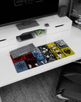 Anime girl mouse pad showing four heroines lined up in bold panels, cheeky wink, 28x12 inches.
