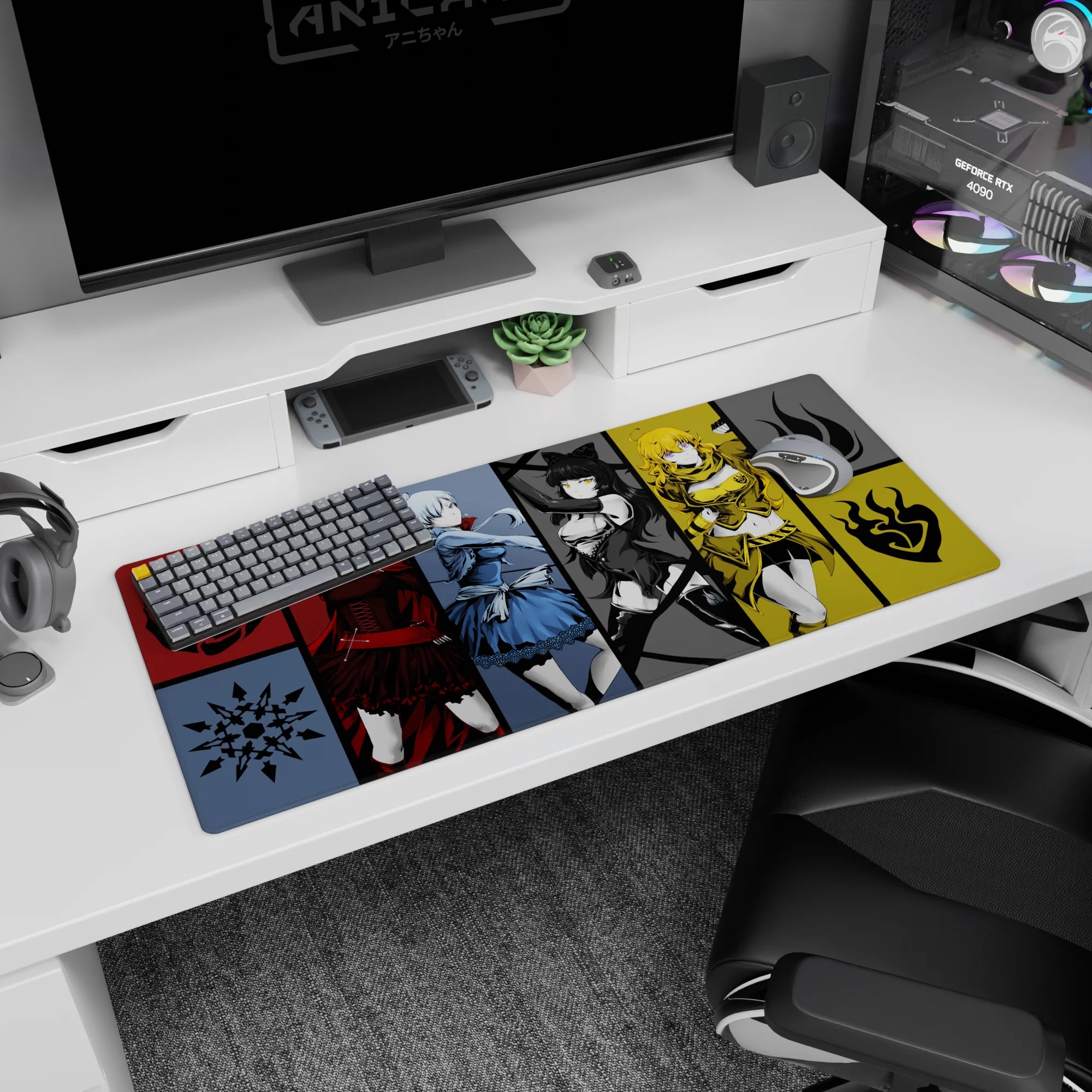 36x16 inches anime desk pad showing four fierce girls lined up, cloaks, frills, catlike bow, golden armor.