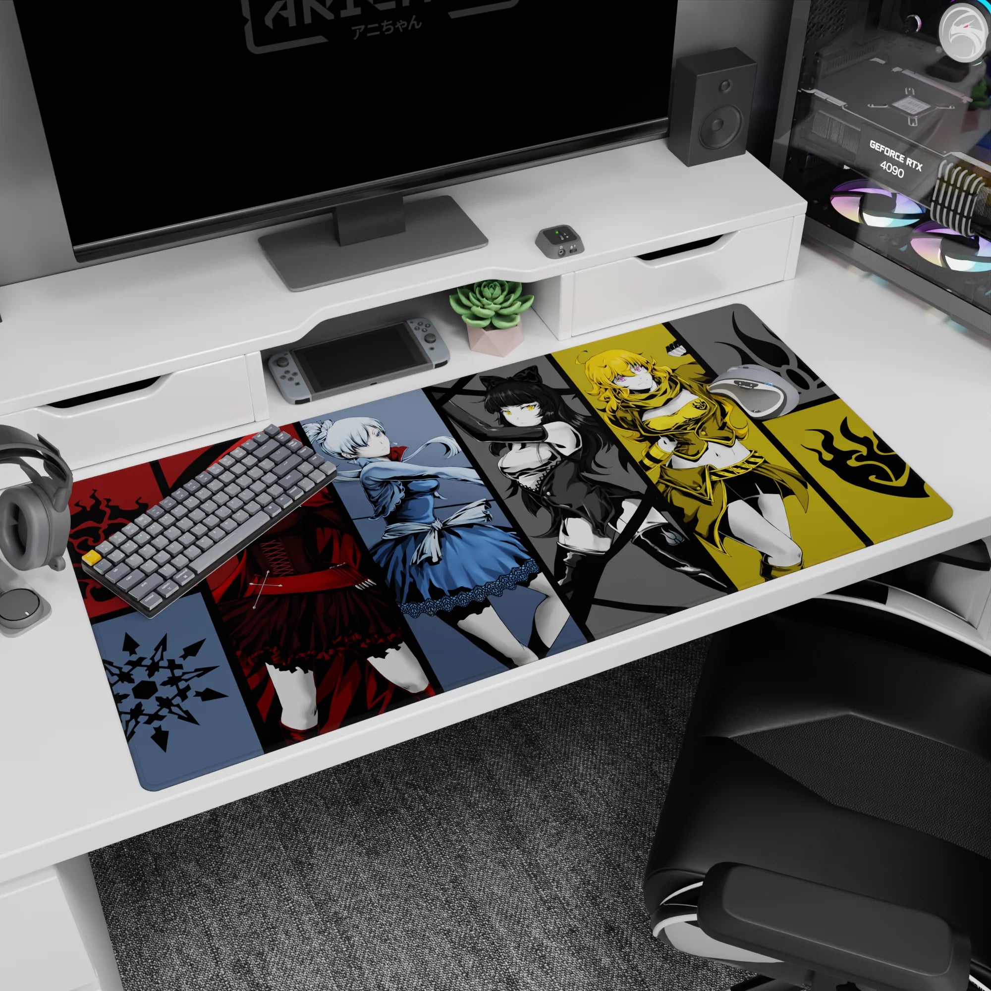 Anime girl desk pad 40x20 inches featuring a cheeky heroine in sunshine-gold armor with a wink.