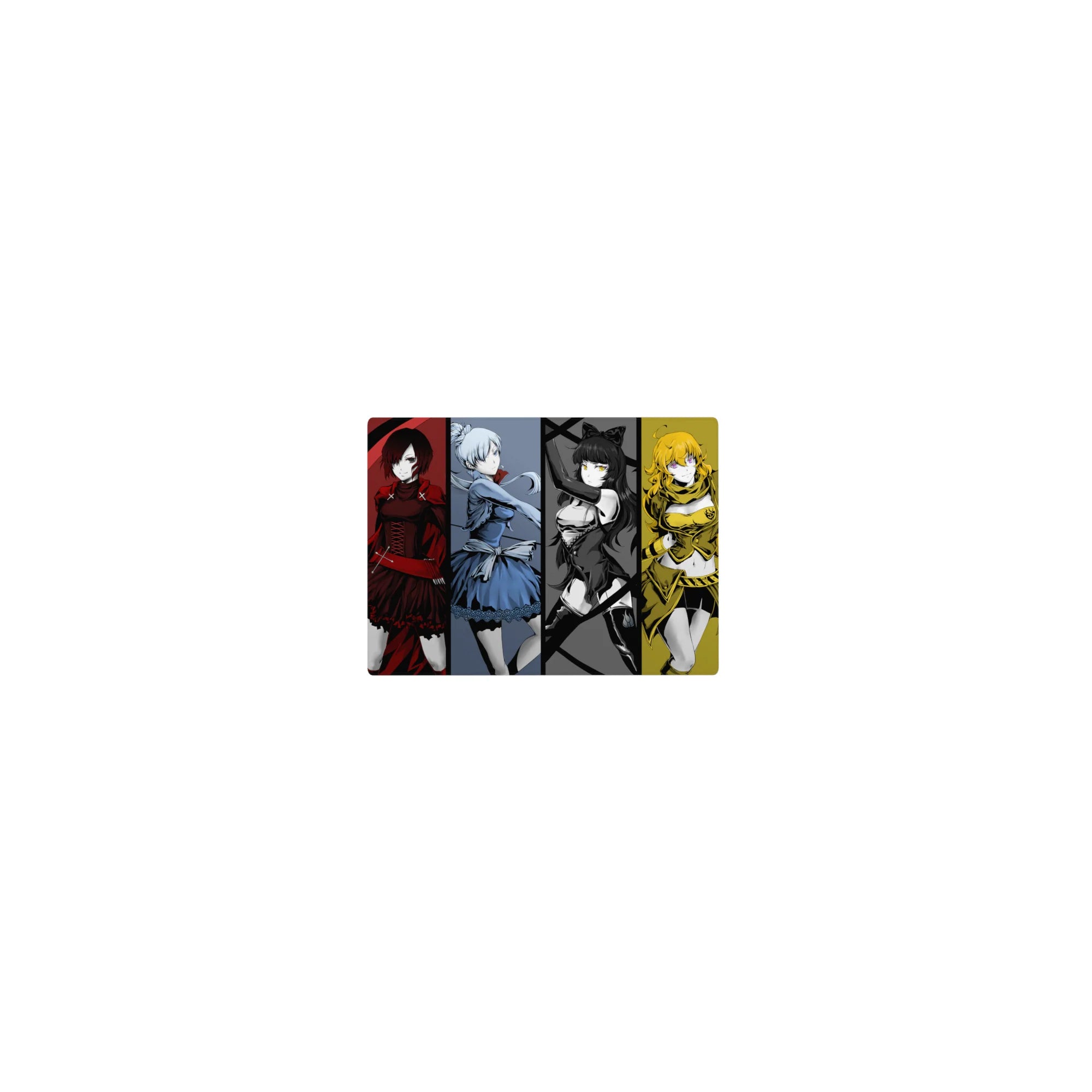 14x10 inches classic anime girl mouse pad with four heroines in bold panels, tribal emblems, sharp shapes.