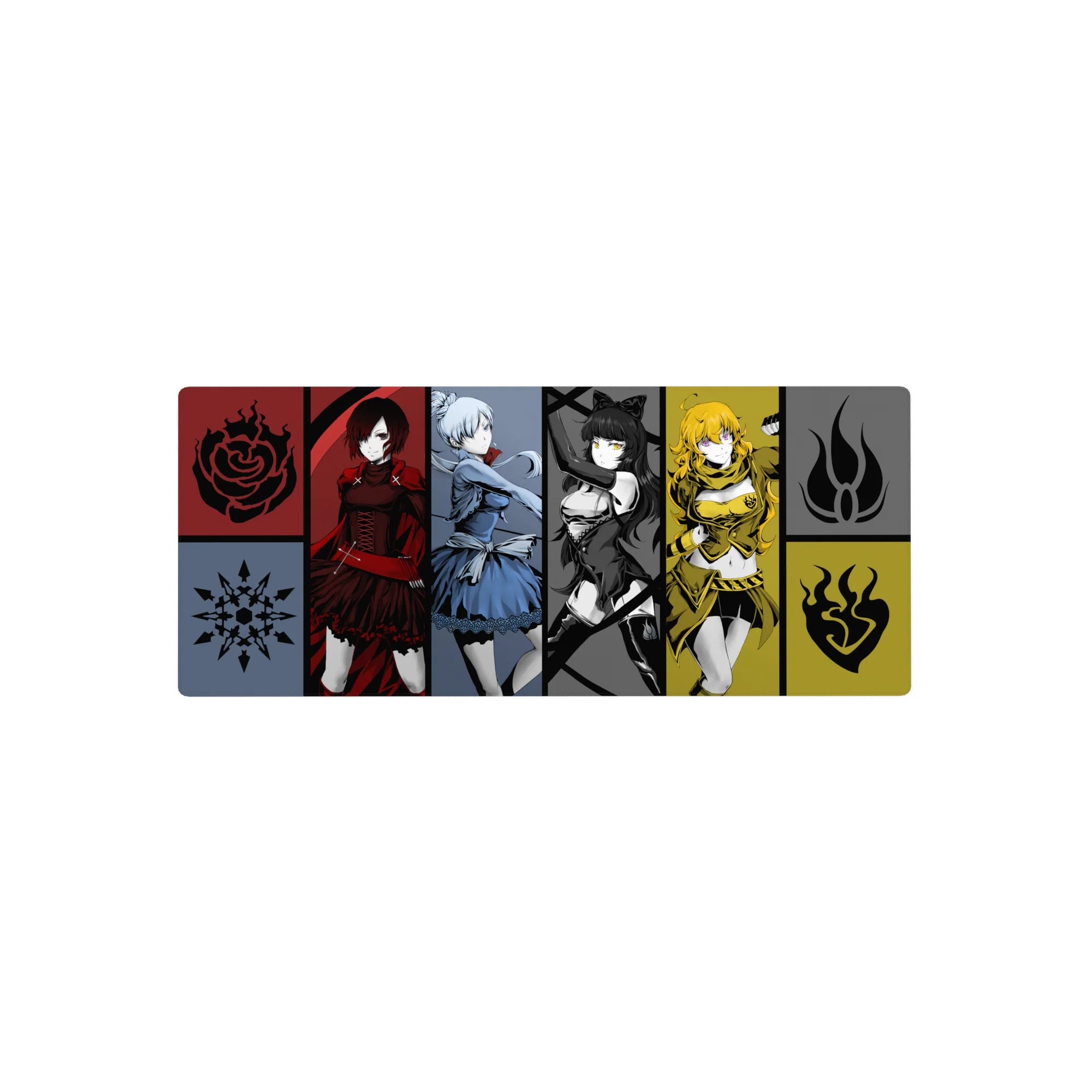 Four-panel anime girl mouse pad with four heroines, tribal emblems, bold poses, 28x12 inches.