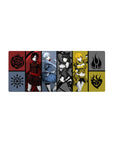 Four-panel anime girl mouse pad with four heroines, tribal emblems, bold poses, 28x12 inches.