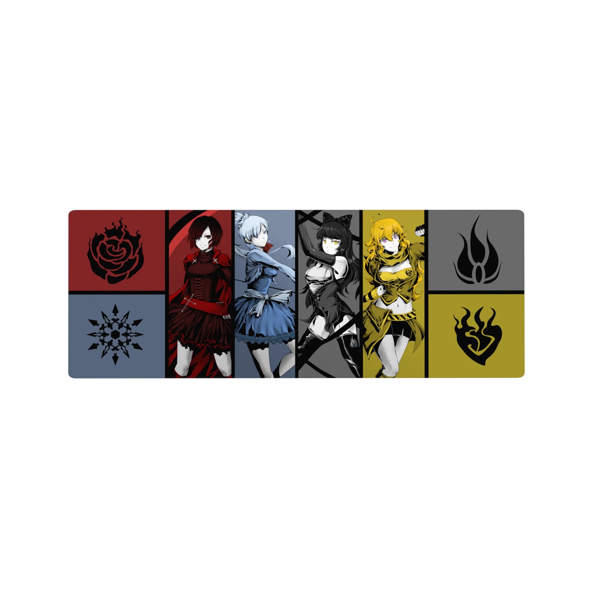 Four-panel anime girl mouse pad with 4 heroines, tribal emblems, bold poses, 32x12 inches.